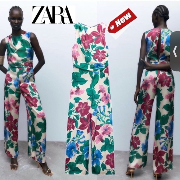 🌺 ZARA BOHO GREEN PINK MULTI SATIN WIDE LEG JUMPSUIT! - Picture 6 of 16